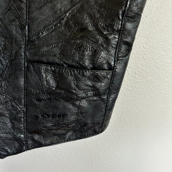 Vtg Leather Works Vest XL Black Patchwork Leather Snap Front Biker Moto USA - Picture 4 of 12